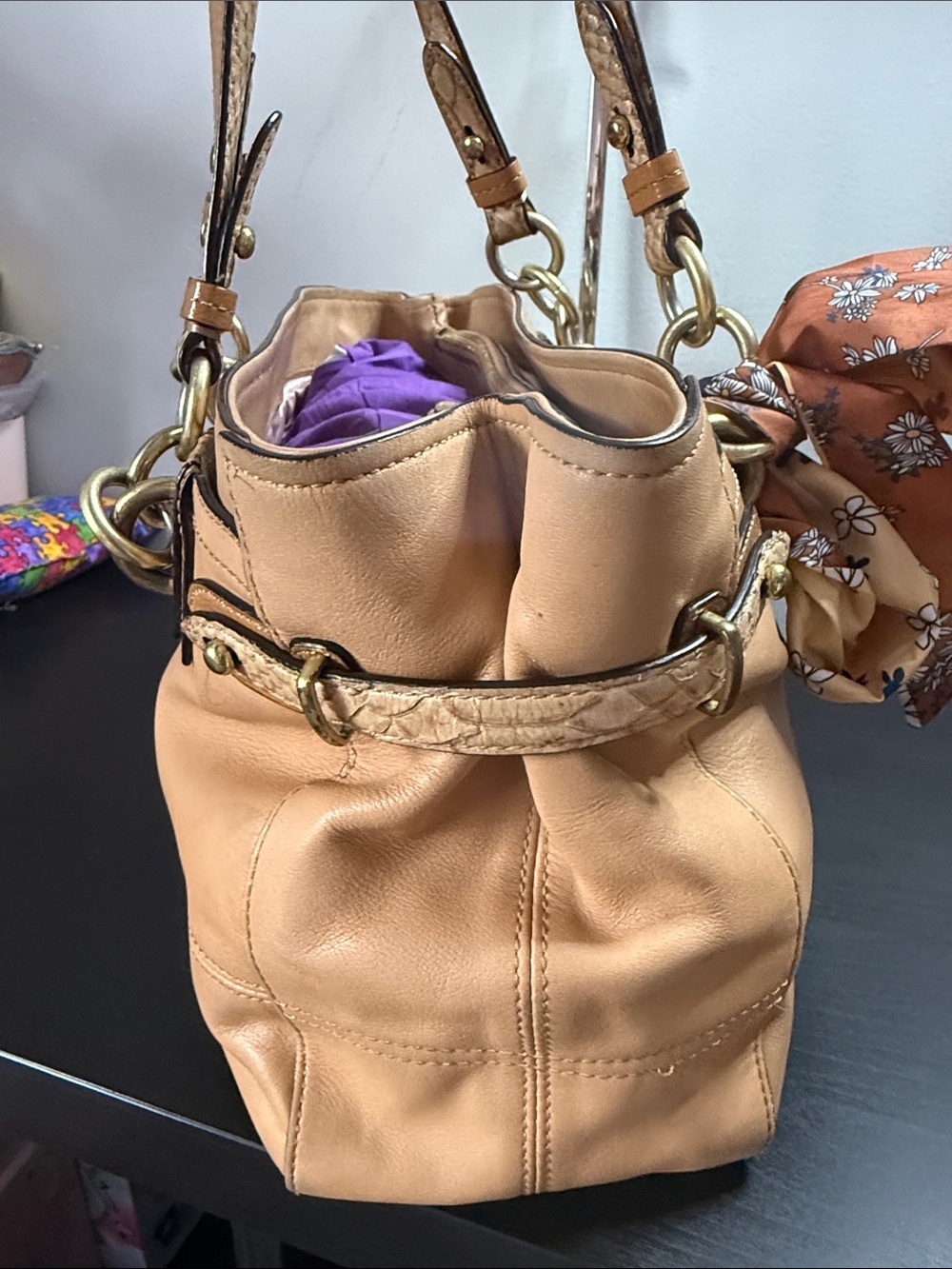 Coach Tan Leather Shoulder Bag with Floral Scarf Accent - Picture 9 of 16